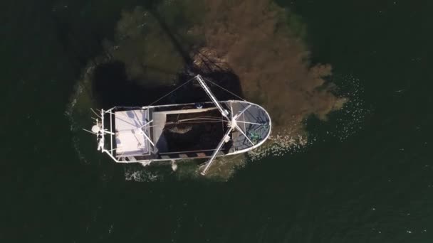 Vista del ojo de pájaro de un barco anclado en medio del agua — Vídeo de stock