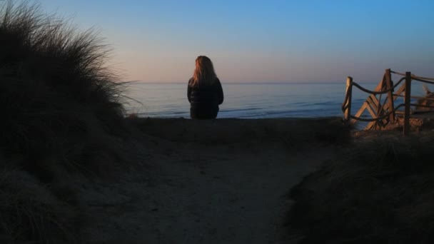 一名妇女坐在俯瞰丹麦美丽海岸的圆木上被枪杀 — 图库视频影像