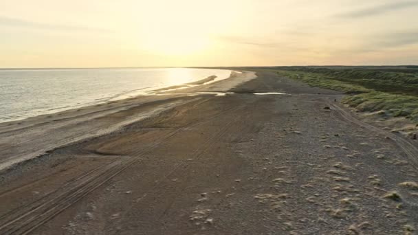 Atemberaubende Landschaft aus grünen Feldern am Strand in Jütland, Dänemark bei Sonnenaufgang — Stockvideo