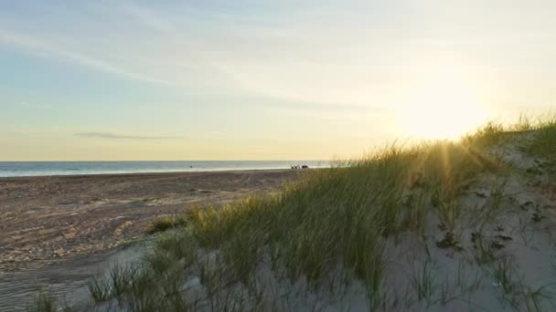 海滩边的人物形象和日出时的海洋地平线全景 — 图库视频影像