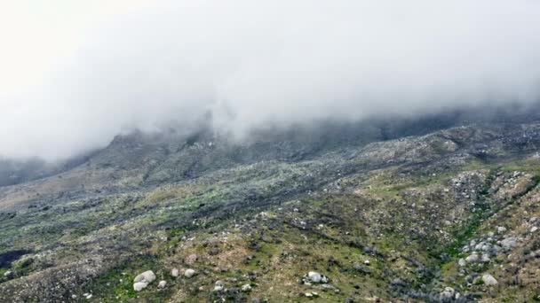 Tiro aéreo de las exuberantes montañas y niebla que cubre la zona superior del marco — Vídeo de stock