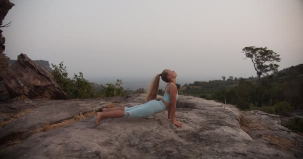 Modelo femenino que hace el yoga del perro y del delfín que mira hacia arriba posa al aire libre — Vídeos de Stock