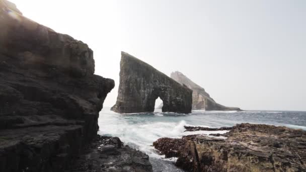 Drangarnir Rocks and Crashing Ocean Waters on Rocks in Faroe Island — Video