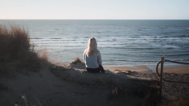 Frau sitzt allein am sonnigen Strand — Stockvideo