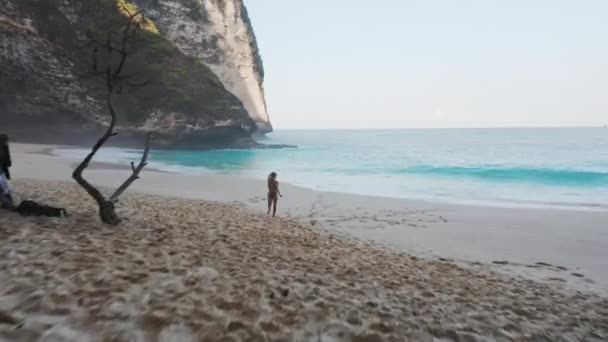 Turista femenina en traje de baño corriendo descalza en arena hacia la hermosa playa — Vídeo de stock