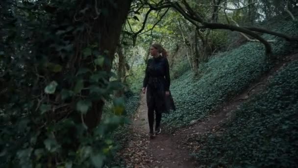 Krásná dáma kráčí po lesní cestě za větrného dne a zkoumá kouzelnou scenérii — Stock video