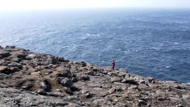 Wędrowiec oglądający morze ze skalistego klifu — Wideo stockowe