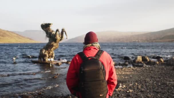 Túrázó nézi Ló szobor a vízben — Stock videók
