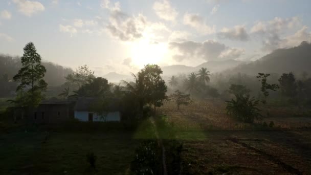 Luchtfoto van Farm bedekt met Mist en Mountain Silhouetten met Sun Glare — Stockvideo