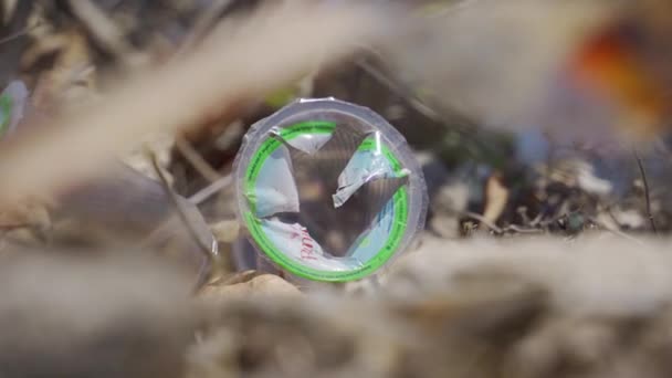 Gebruikte en lege plastic beker met gedroogde bladeren Omgeving van het gebied — Stockvideo
