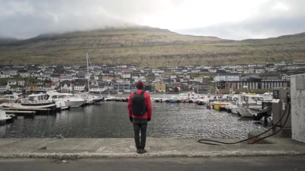 Homme debout au port de la ville éloignée — Video