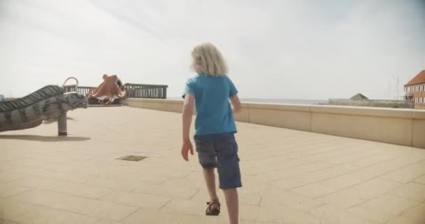 Adorable Gradeschooler explorant une aire de jeux extérieure à thème océanique — Video