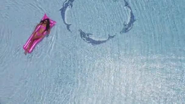 Piscina con delfini su piastrelle e donna galleggiante su un gonfiabile — Video Stock
