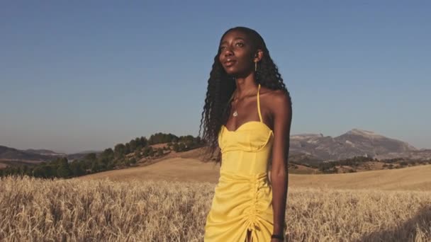 Blå himmel, kvinna i gul klänning, öppen äng på en solig dag — Stockvideo