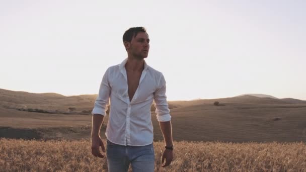 Man unbuttons shirt terwijl in het midden van tarwe veld op een hete zomer dag — Stockvideo