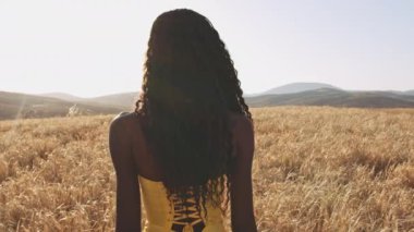 Arka planda Gökyüzü ile Altın Buğday Tarlasında Yürüyen Kadın