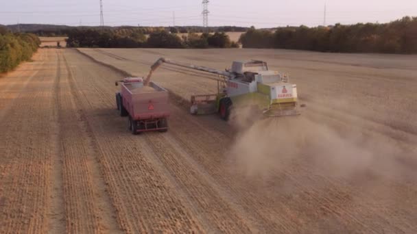 Drohne von Mähdrescher und Traktor erntet Feldfrüchte — Stockvideo