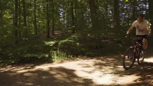 Mountainbiker radeln auf Feldweg im Wald — Stockvideo