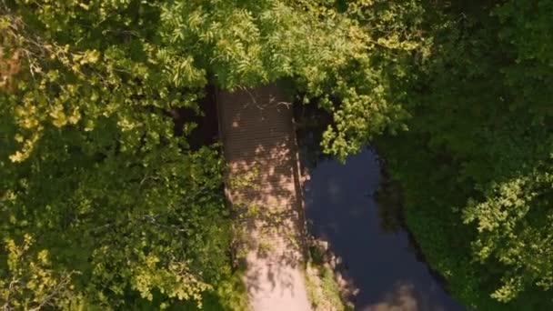 Cyklist Ridning genom fält, Drone skott av cyklist Ridning över bron — Stockvideo