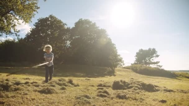 Blond Boy Using Rake In Meadow — Stock Video