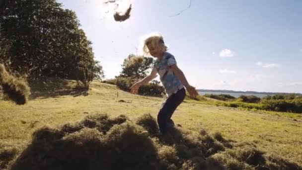 Blond Boy Throwing Grass In Summer — Stock Video