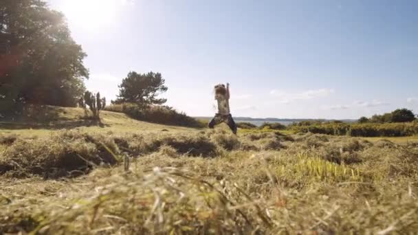 Ragazzo gettando erba in aria in estate — Video Stock