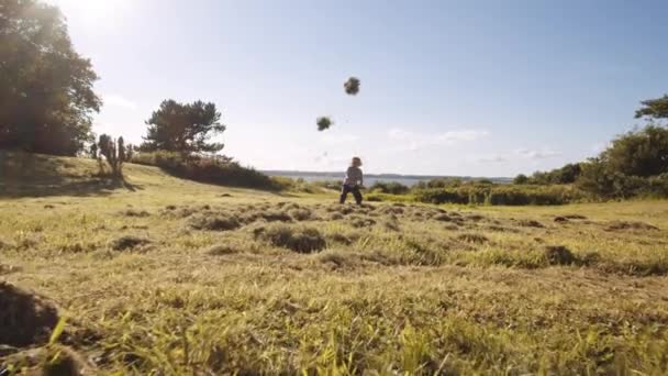 Menino brincando jogando grama no prado — Vídeo de Stock