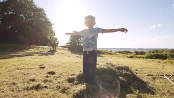 Fiú beleesik egy halom fűbe a réten — Stock videók