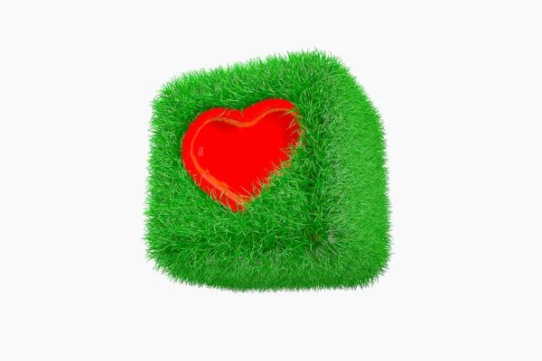 Grüner Graswürfel Mit Rotem Herz Auf Weißem Hintergrund Rendering — Stockfoto