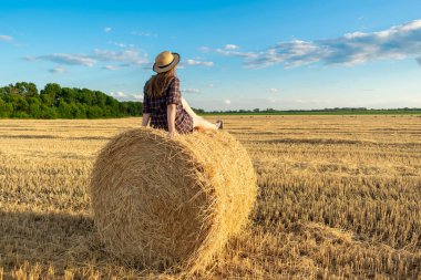 Saman tarlasında gün batımında bir kız.
