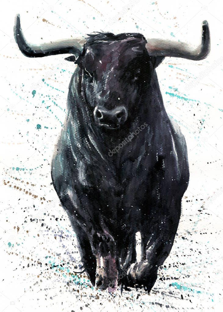 watercolor, buffalo, bison, animal, background, isolated, wild, illustration, nature, white, art, wildlife, animals, hand, texture, bull, exotic, tattoo, paint, mammal, west, painting, black, american, decoration, fashion, colorful, bull