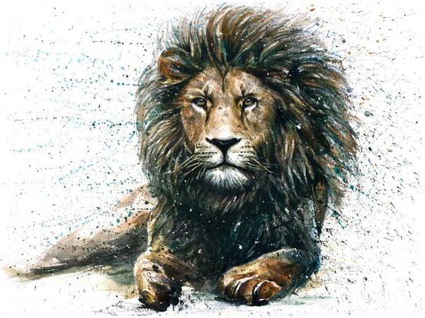 Αρπακτικά Ζώα Ζωγραφική Νερομπογιές Λιοντάρι Βασιλιάς Άγριας Ζωής Φωτογραφία Αρχείου