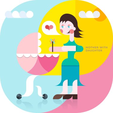 Anne ve kızı bir bebek arabası. Vektör çizim geometrik bir tarzda.