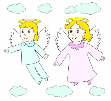 Çok güzel melekler erkek ve kız bulutlarda uçar