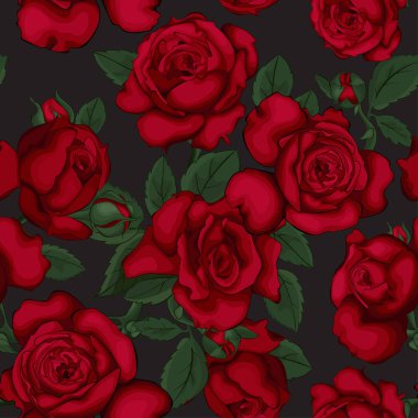 Kırmızı güller ile dikişsiz desen , vektör illüstrasyon. Arka plan tebrik kartları ve düğün, doğum günü, Sevgililer Günü, Anneler Günü davetiyeleri için idealdir. Güzel vintage çiçek deseni.
