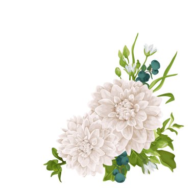 Vektör çiçek buketi tasarım: chrysantemum, dahlia, yeşillik.
