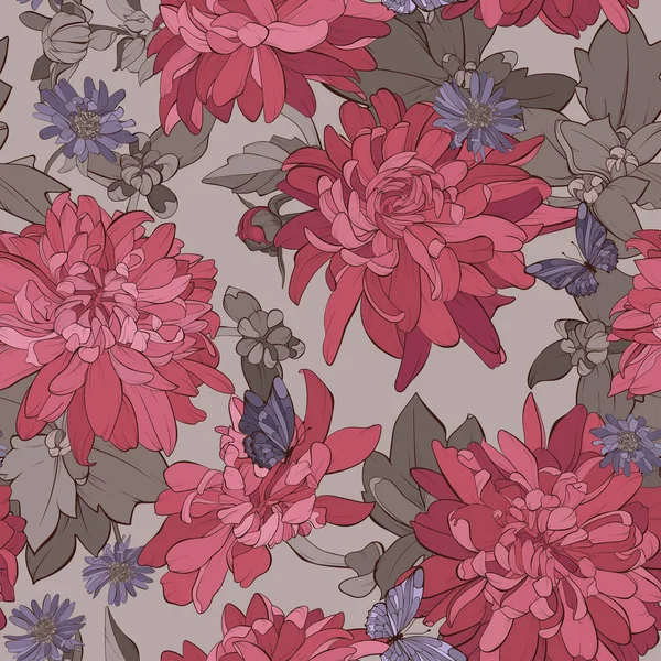 Bezešvé vzory s chryzantélskou květenou, astní květy a motýl. — Stockový vektor