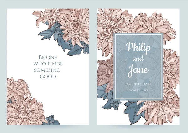 Design de modelo de cartão de convite de casamento floral, flores de crisântemo — Vetor de Stock