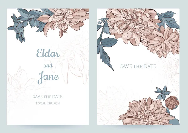 Modèle Carte Invitation Mariage Floral Fleurs Chtysanthème Avec Cadre Rectangle — Image vectorielle