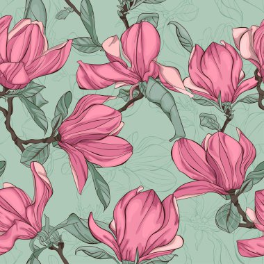 Manolya ÇiçeklerI Vektörde Dikişsiz Çiçek Deseni.