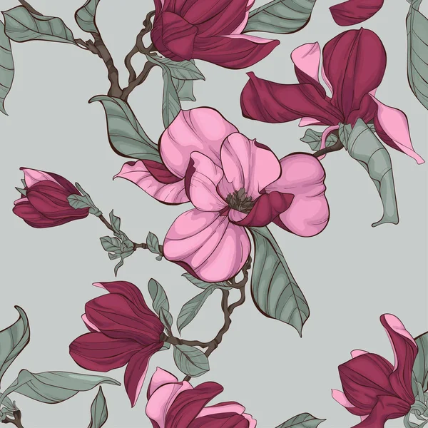 Naadloos patroon, achtergrond met bloeiende Magnolia bloemen. — Stockvector