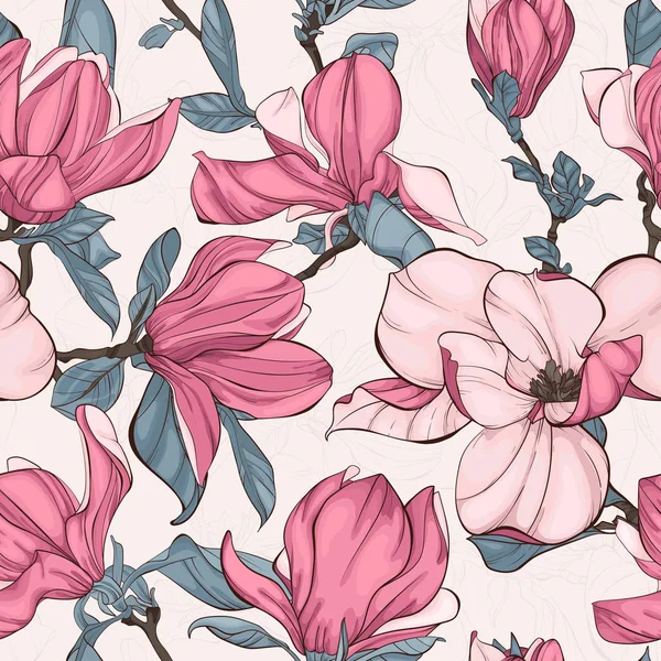 Seamless pattern, background with blooming magnolia flowers. — Stock Vector