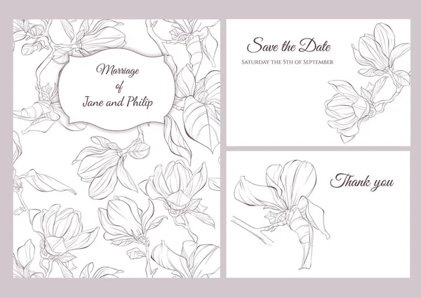 Set Card Com Flores Magnólia — Vetor de Stock