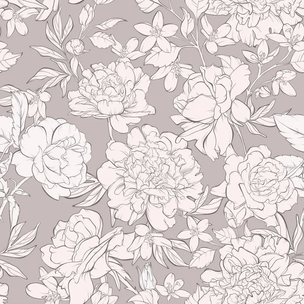 Motif vintage sans couture avec des fleurs de pivoine en fleurs, rose flo — Image vectorielle