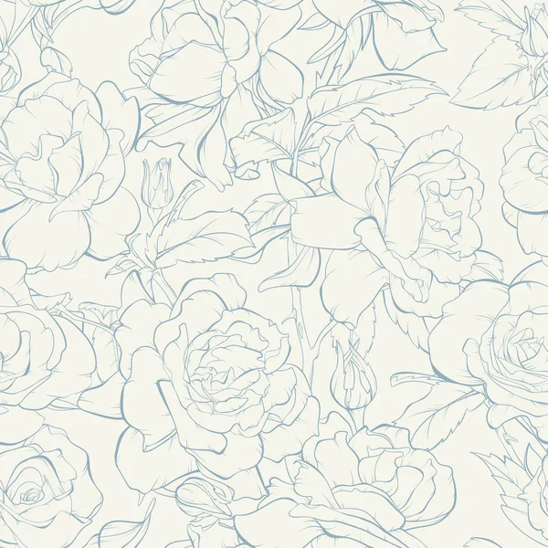 Seamless Pattern Background Blooming Rose Flowers Outline Drawing Vintage Ornament — Stock Vector