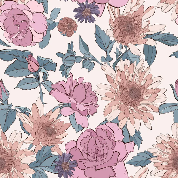 Vintage vector seamless pattern with rose, aster flowers,tea rose, dahlia flowers and wildflowers. — Stock Vector