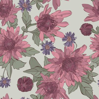 Aster çiçekler, dahlia çiçekler ve kır çiçekleri ile Vintage vektör dikişsiz desen. 