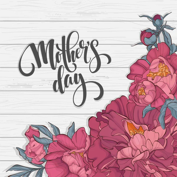 Día Internacional Mujer Con Flores Peonía Sobre Mesa Madera — Vector de stock