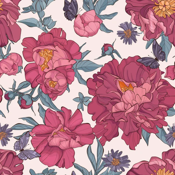 Patrón inconsútil peonía flores — Archivo Imágenes Vectoriales