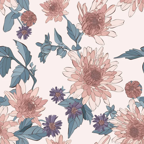 Vintage vector seamless pattern with aster flowers, dahlia flowers and wildflowers. — Stock Vector